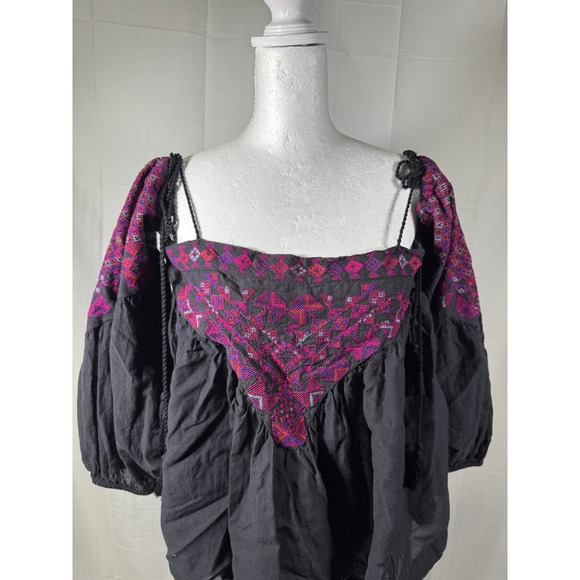 Free People Embroidered Cold Shoulder Blouse Black Pink Purple Geometric Size M - Picture 2 of 6